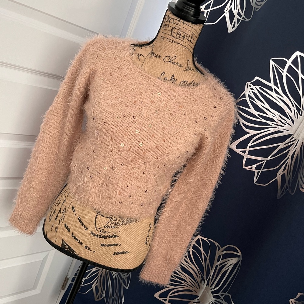 Vintage Cropped Salmon Pink Knit Sweater with sequins